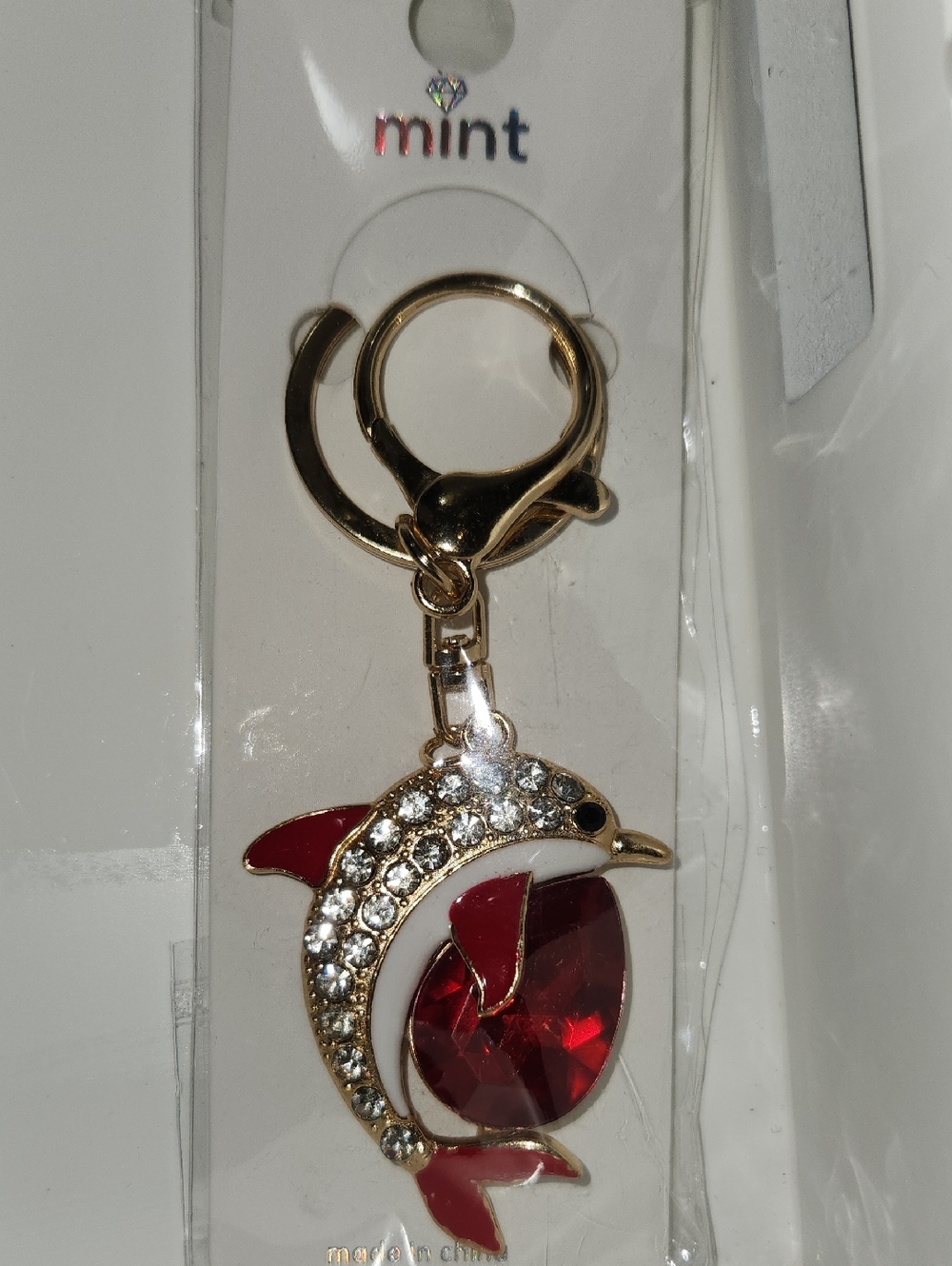 Mint Gold Dolphin Keyring with Red Crystal
